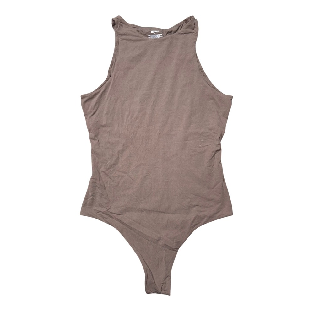 SKIMS High Neck Bodysuit Women Sm Brown Excellent Thong Snap Closure Sleeveless